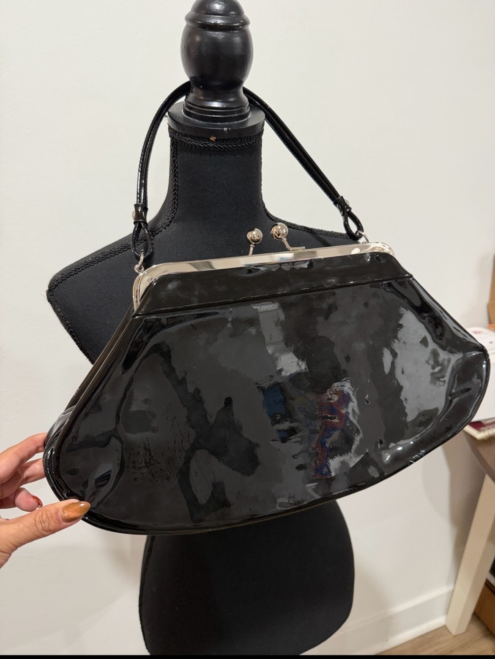 Tatyana Black Patent Frame-Top Wristlet